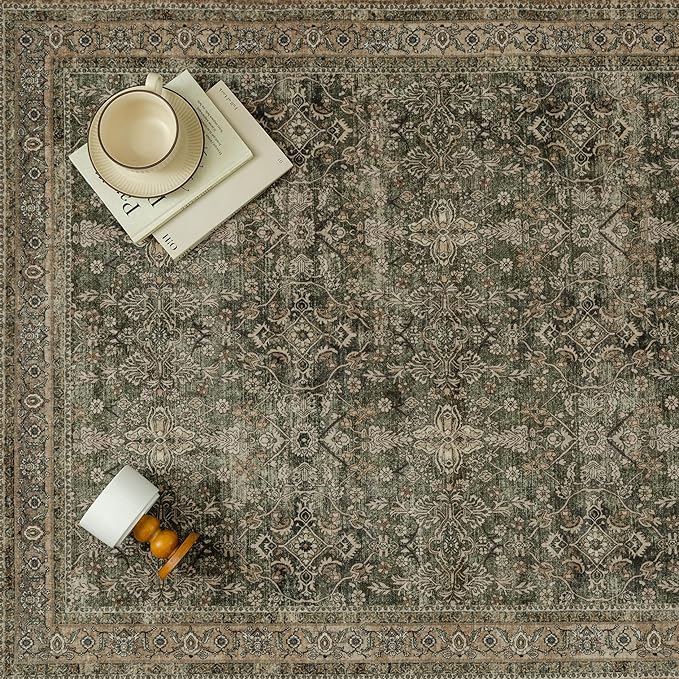Area Rug 5x7 Green Brown Washable Vintage Living Room Carpetb Traditional Distressed Bedroom Indoor Soft Non Slip Large Rug Retro Thin Low Pile Floor Cover for Office Dining Room