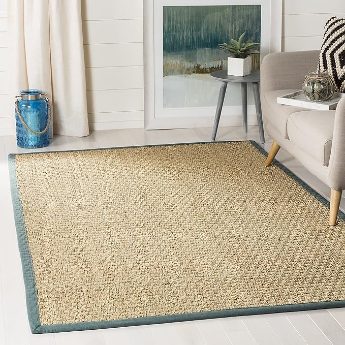 SAFAVIEH Area Rug 5x8 - Natural Fiber Collection - Natural & Light Blue, Seagrass, Basketweave Pattern with Border (NF114M)
