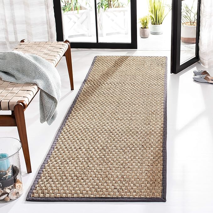 SAFAVIEH Natural Fiber Collection Runner Rug - 2'6" x 14', Natural & Dark Grey, Seagrass, Basketweave Pattern with Border (NF114Q)