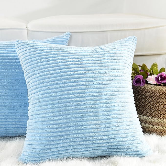 Home Brilliant Blue Throw Pillow Covers Set Supersoft Corduroy Decorative Pillow Covers Velvet Cushion Cover for Bed, 18x18 Inch, Baby Boy Blue