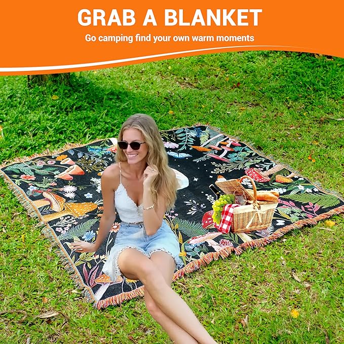 Woven Throw Blanket Moon Plant Boho Chic Decor Reversible Cute Cotton Boho Throw Blanket Witchy Throws Blankets with Tassels Moonlit Garden Blankets Bohemian Room Decor Luxury Christmas Throws 51”x59”