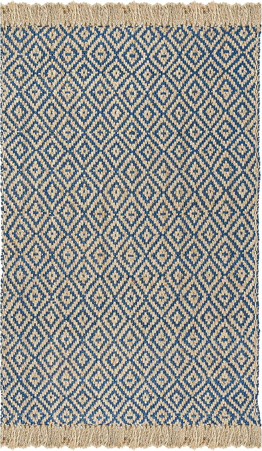 SAFAVIEH Natural Fiber Collection Area Rug - 5' x 8', Tropical Blue & Natural, Handmade Boho Diamond Tassel Jute, Ideal for High Traffic Areas in Living Room, Bedroom (NF266D)