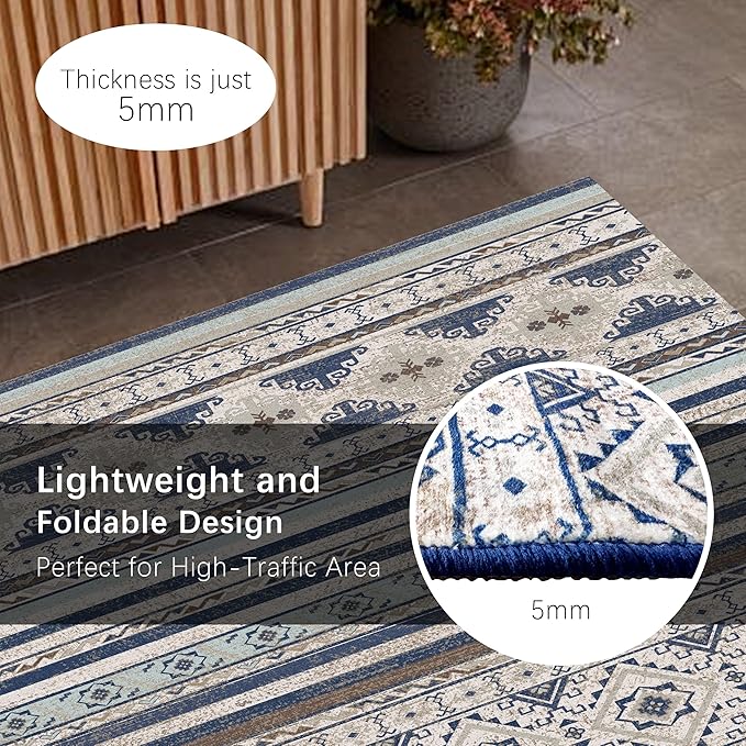 RUGSURE Washable Area Rugs 3' x 5 ' - 1/6 Thick - Moroccan-Inspired -Stain & Water Resistant Non-Slip - Resistant Rug for Living Room, Bedroom, Nursery, Pet & Child Friendly (Blue and Brown)