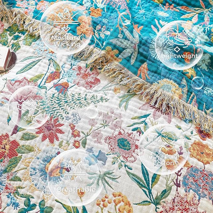 Boho Throw Blanket for Bed Cotton Spring Blankets for Bedroom Living Room Twin All Season Lightweight Floral Embroidery Quilt for Couch Sofa Chair 60"x80"