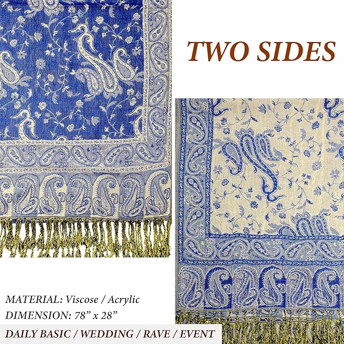Achillea Reversible Paisley Pashmina Rave Scarf – Exotic Indian Shawls and Wraps for Evening Dresses, Festivals, All Seasons