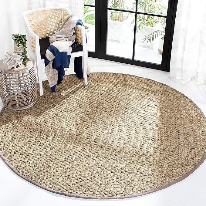 SAFAVIEH Area Rug 3' Round - Natural Fiber Collection - Natural & Grey, Seagrass, Basketweave Pattern with Border (NF114P)