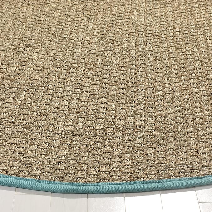 SAFAVIEH Area Rug 8' Round - Natural Fiber Collection - Natural & Teal, Seagrass, Basketweave Pattern with Border (NF114R)