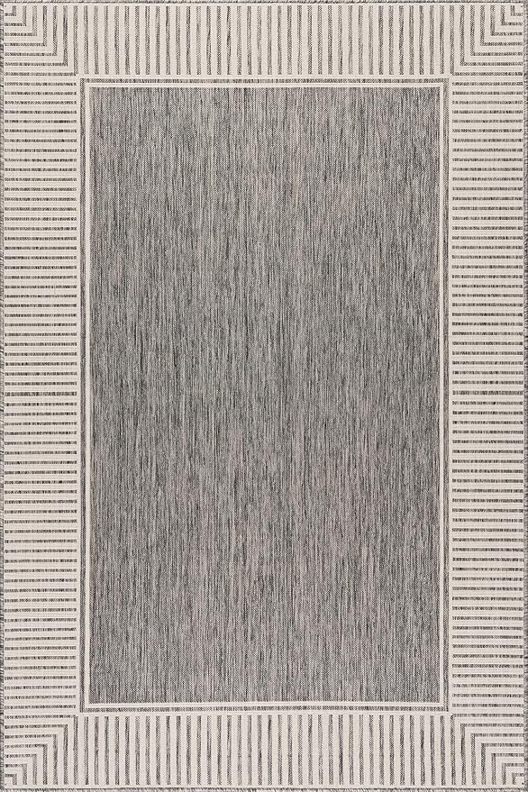 Nuloom Asha Grey/Ivory, 9'6" x 12', Casual, Striped Border, Soft and Cozy, High Traffic, Stain Resistant, Easy Clean, Durable Area Rug for Indoor/Outdoor Patio, Deck, Porch, Garden, Courtyard
