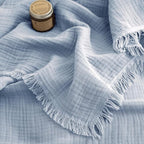FOSSA Muslin Blanket with Fringe - 4-Layer 100% Cotton Gauze Super Soft & Breathable Throw -Lightweight Decorative Cooling Blanket for Bed, Sofa, Office (Cornflower Blue, King (104" × 90"))