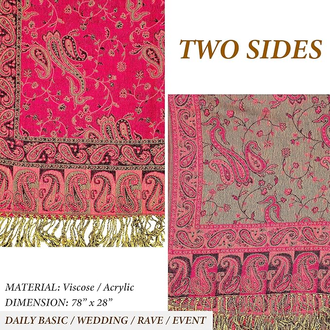 Achillea Reversible Paisley Pashmina Rave Scarf – Exotic Indian Shawls and Wraps for Evening Dresses, Festivals, All Seasons