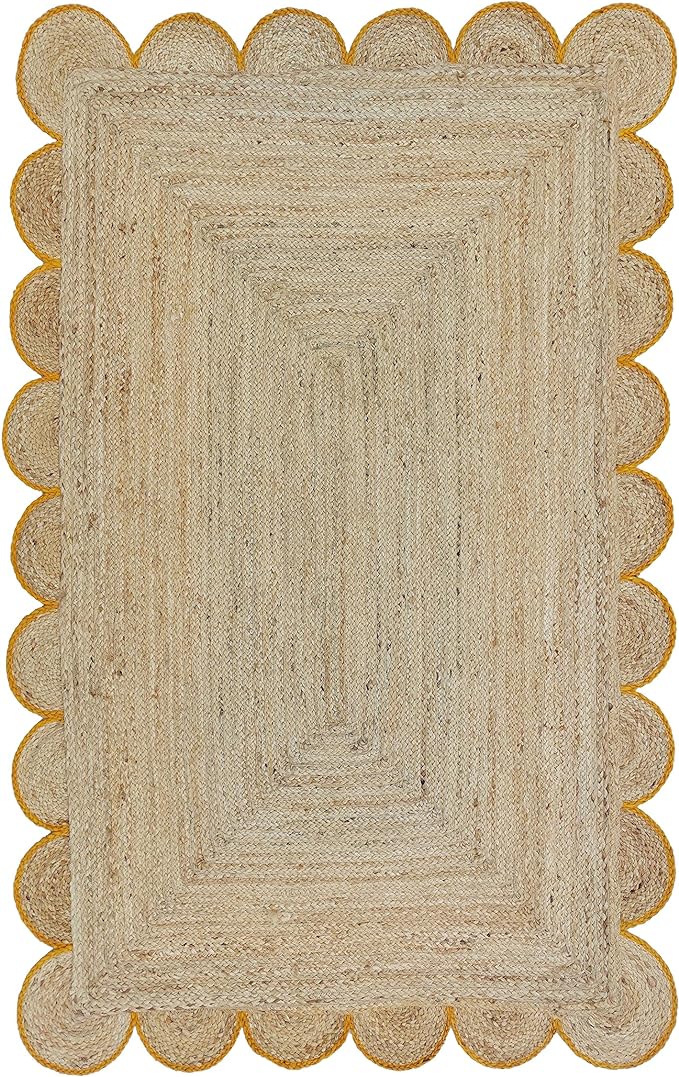 Scalloped Natural Jute Area Rug, Yellow Trim, 2'6"x18'
