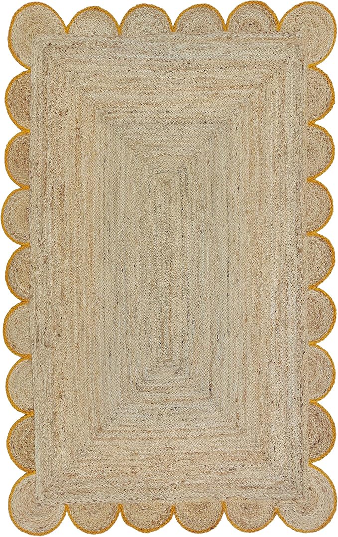 Scalloped Natural Jute Area Rug, Yellow Trim, 2'6"x20'