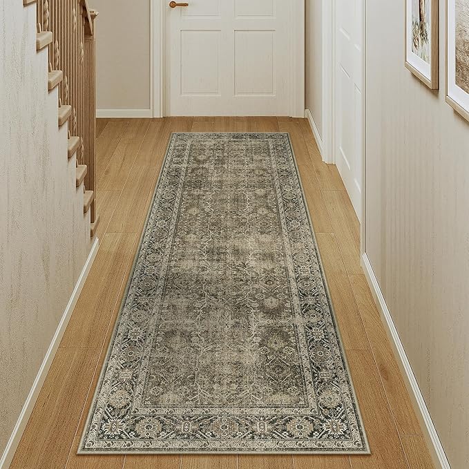 Light Brown 2x6 Vintage Area Rug Hallway Indoor Kitchen Washable Living Room Carpet Tribal Distressed Rug Retro Accent Throw Rug for Office Dining Room Bathroom Faux Wool