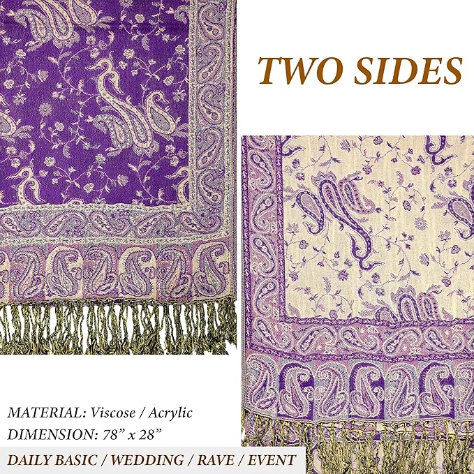 Achillea Reversible Paisley Pashmina Rave Scarf – Exotic Indian Shawls and Wraps for Evening Dresses, Festivals, All Seasons