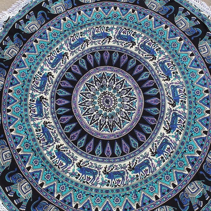 Round Beach Tapestry Turquoise Mandala Throw/Boho Hippie Beach Blanket Roundie/Indian Cotton Bohemian Large Round Table Cloth-Home Decor/Yoga Mat Meditation Picnic Rug (42", Green and Black)