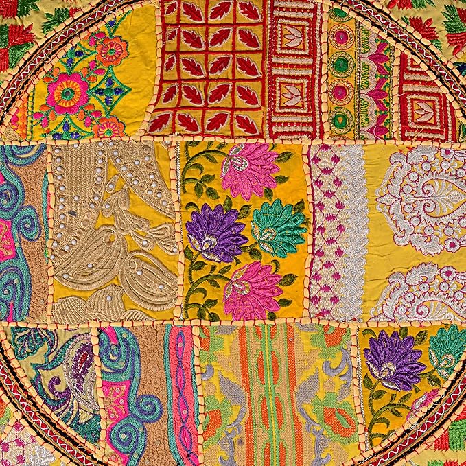 Rajasthani Handmade Colorful Decorative Floor Pillow Cover Meditation Patchwork Patchwork Cushion Seating Accent Boho Chic Indian Handmade Cover ONLY (Yellow, 32X32 Inches)