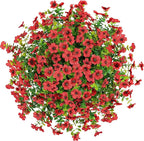 HyeFlora Artificial Fake Hanging Red Plants Flowers Basket for Outdoor Fall Winter Christmas, Faux Silk Daisy Mums Look Real UV Resistant for Outside Porch Home Patio Garden Yard Decoration