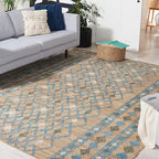 SAFAVIEH Area Rug 8x10 - Kilim Collection - Large - Natural & Blue, Flat Weave Jute, Ideal for Living Room, Bedroom, Office, Dining Space (KLM759M)