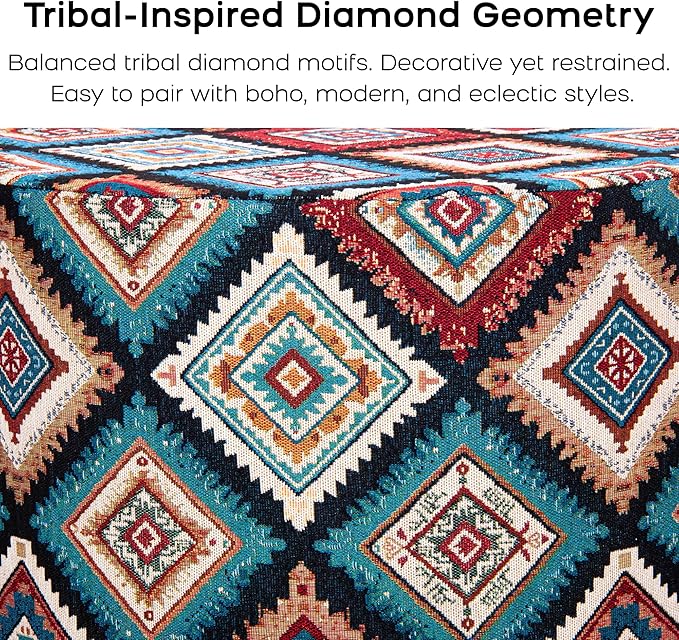 Pouf Ottoman Footrest Boho Embroidered Stuffed Round Pouf, 20" Tribal Geometric Accent Decor, Removable Cover & Firm Foam, Multifunctional, for Living Room Bedroom Vanity, Teal & Rust