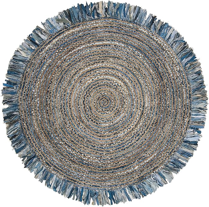 SAFAVIEH Cape Cod Collection Area Rug - 6' Round, Ivory & Denim, Handmade Boho Fringe Jute & Cotton, Ideal for High Traffic Areas in Living Room, Bedroom (CAP206D)