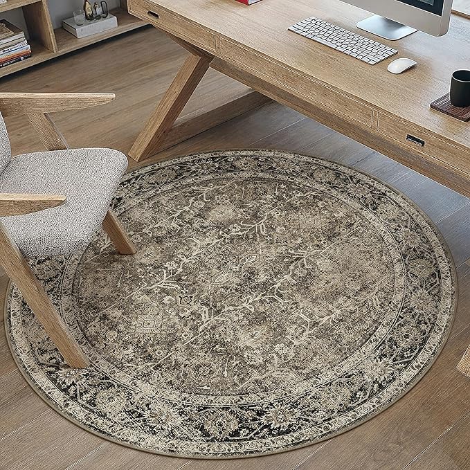 Brown Round Area Rug 4ft Entryway 4x4 Circle Vintage Indoor Kitchen Washable Door Mat Living Room Carpet Non Slip Traditional Distressed Retro Accent Throw Rug Office Dining Room Bathroom
