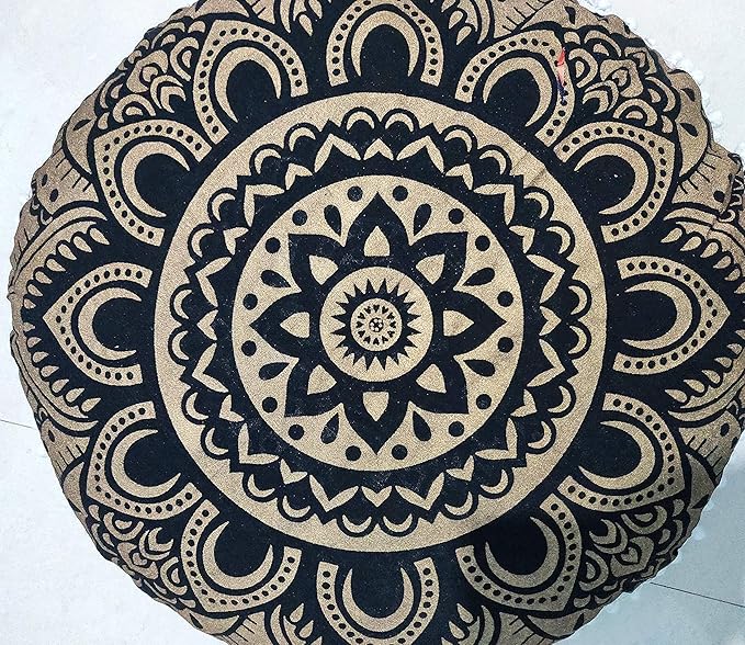 CRAFT KALA Mandala Floor Pillow Cushion Cover Seating Throw Cover Hippie Decorative Bohemian Ottoman Poufs Pom Pom Pillow Cases Boho Indian Cotton Living Room Home Décor 24" Round Black Gold Flower