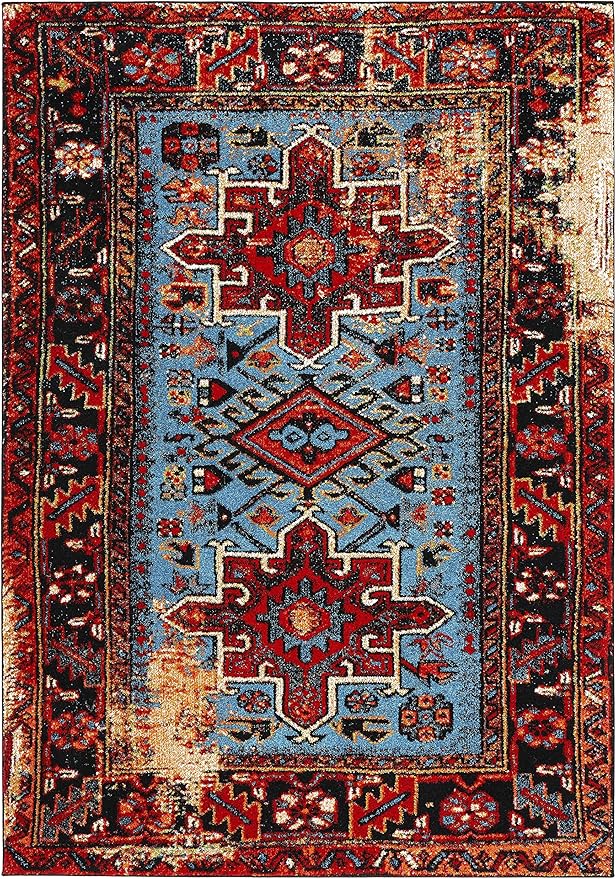 SAFAVIEH Vintage Hamadan Collection Area Rug - 6'7" x 9', Red & Light Blue, Traditional Persian Design, Non-Shedding & Easy to Clean, Ideal for Living Room, Bedroom, Dining Space (VTH211Q)