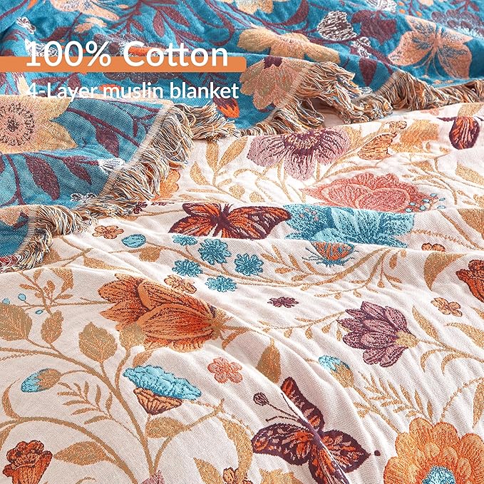 Boho Throw Blanket for Bed 60”x80”, 100% Cotton Woven Blanket for Couch Sofa, Ultra Soft 4-Layer Muslin Quilt with Floral Printed, Farmhouse Bed Blanket/Cover for Living Room Decor