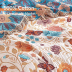 Boho Throw Blanket for Bed 60”x80”, 100% Cotton Woven Blanket for Couch Sofa, Ultra Soft 4-Layer Muslin Quilt with Floral Printed, Farmhouse Bed Blanket/Cover for Living Room Decor