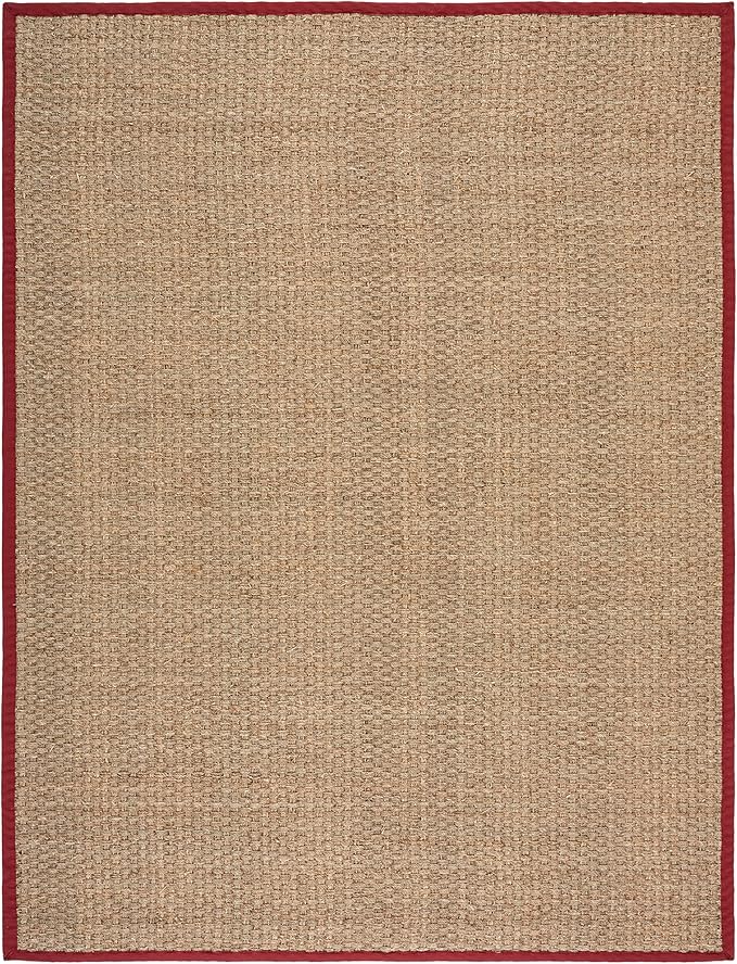 SAFAVIEH Area Rug 9x12 - Natural Fiber Collection - Large - Natural & Red, Seagrass, Basketweave Pattern with Border (NF114D)
