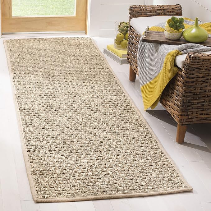 SAFAVIEH Natural Fiber Collection Runner Rug - 2'6" x 16', Natural & Beige, Seagrass, Basketweave Pattern with Border (NF114A)