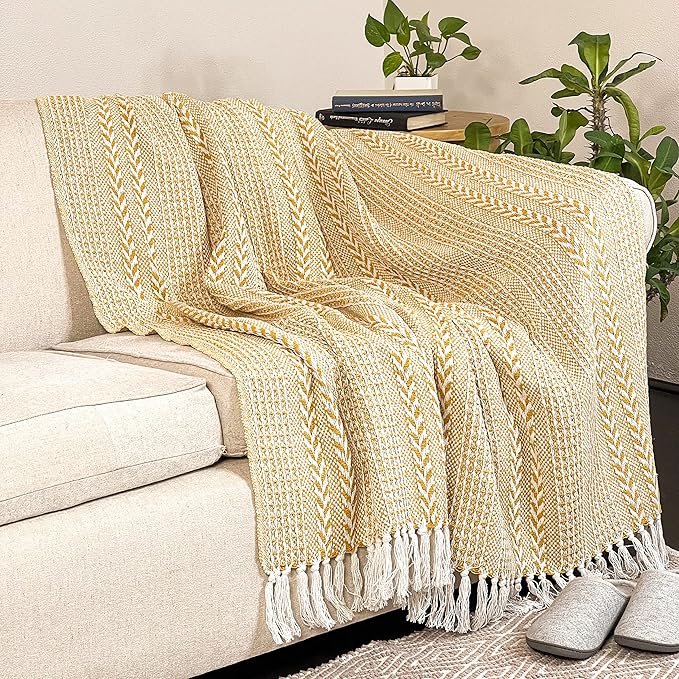 Chardin home Yellow Braided Waffle Weave Throw, 50x60 Inch Recycled Cotton- Large, Wearable, Breathable, Skin-Friendly Everyday use Blanket for Couch, Bed, Sofa - Soft Lightweight Picnic Rug