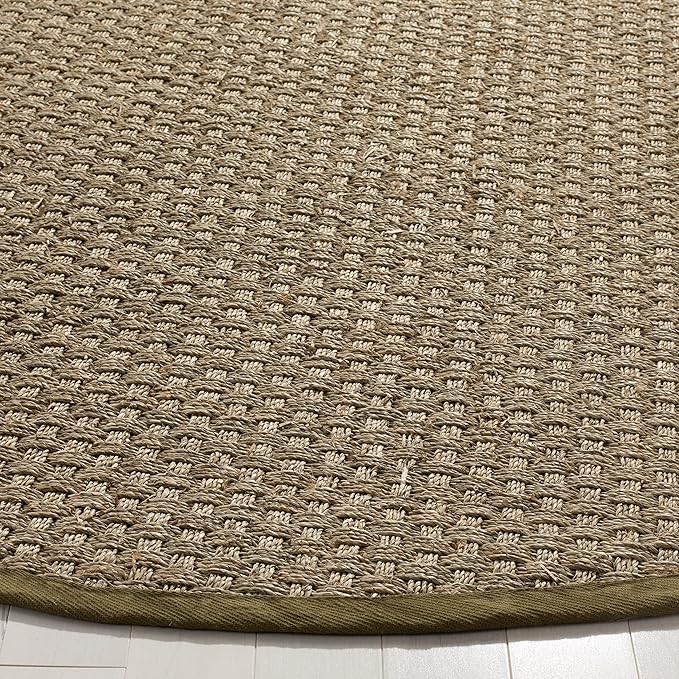 SAFAVIEH Area Rug 6' Round - Natural Fiber Collection - Natural & Olive Green, Seagrass, Basketweave Pattern with Border (NF114G)