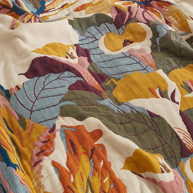 Boho Throw Blanket for Bed 90”x108”, 100% Cotton Woven Blanket for Couch Sofa, Ultra Soft 4-Layer Muslin Quilt with Vintage Floral Printed, Farmhouse Bed Blanket/Cover for Living Room Decor