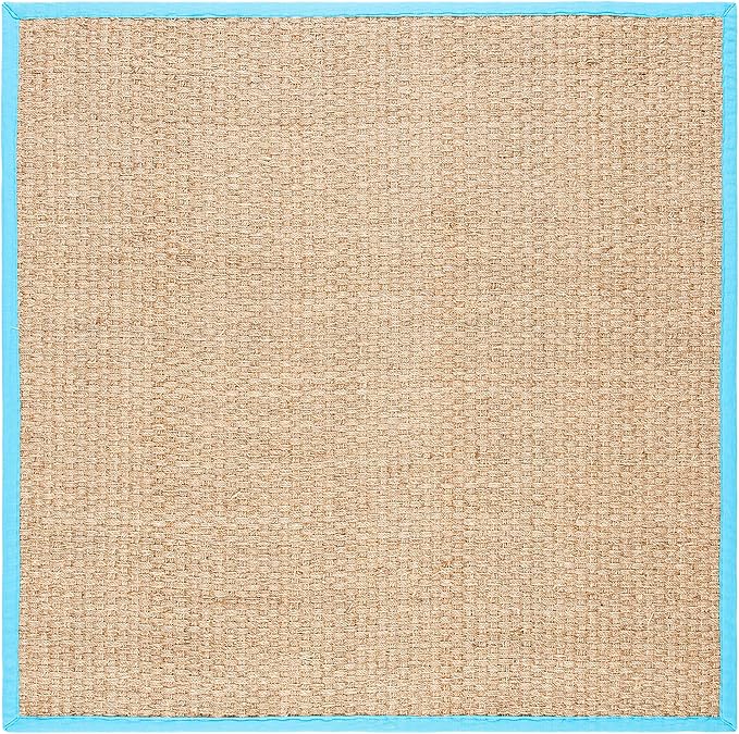 SAFAVIEH Area Rug 6' Square - Natural Fiber Collection - Natural & Turquoise, Seagrass, Basketweave Pattern with Border (NF114S)