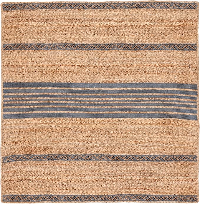 SAFAVIEH Natural Fiber Collection Area Rug - 6' Square, Natural & Grey, Handmade Stripe Boho Farmhouse Rustic Braided Jute, Ideal for High Traffic Areas in Living Room, Bedroom (NFB262F)