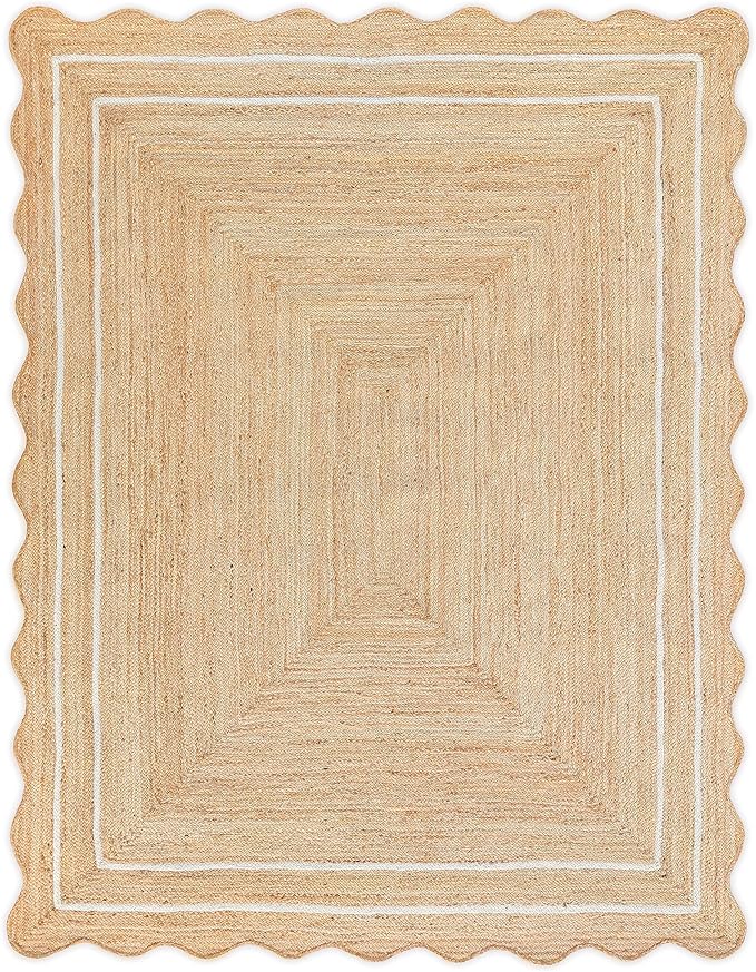 Scalloped Jute Runner, Off White, 9'x12', Rustic, Indoor, Rectangular, Hand-braided, Wave Scalloped Design, Eco-friendly, Versatile, Adult, Unisex