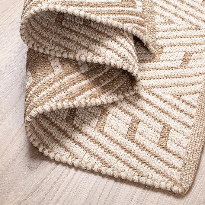 Jute Cotton Geomatric Area Rug 2x3 Feet - Natural White, Farmhouse Decorative Soft Hand Woven Door Mats Ideal Entryway, Kitchen, Kids Room | Accent Reversible Patio Rugs for Bedroom Décor