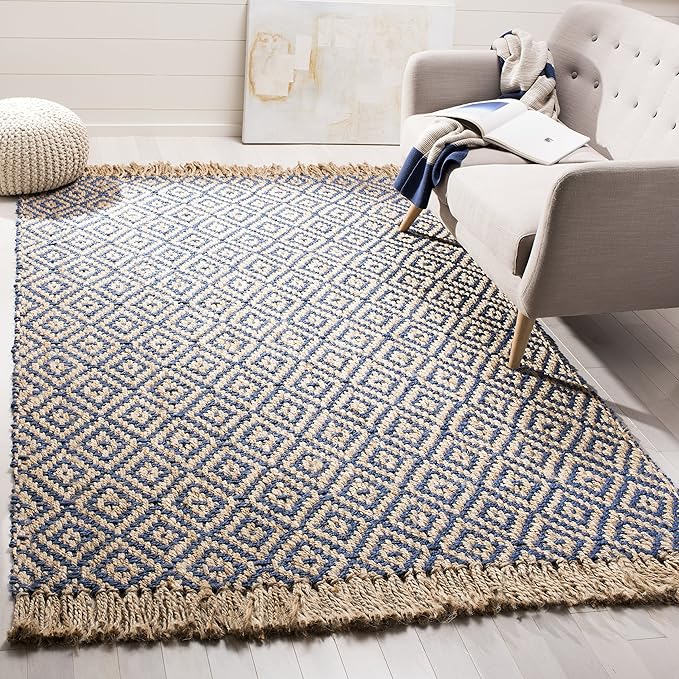 SAFAVIEH Natural Fiber Collection Accent Rug - 4' x 6', Tropical Blue & Natural, Handmade Boho Diamond Tassel Jute, Ideal for High Traffic Areas in Entryway, Living Room, Bedroom (NF266D)