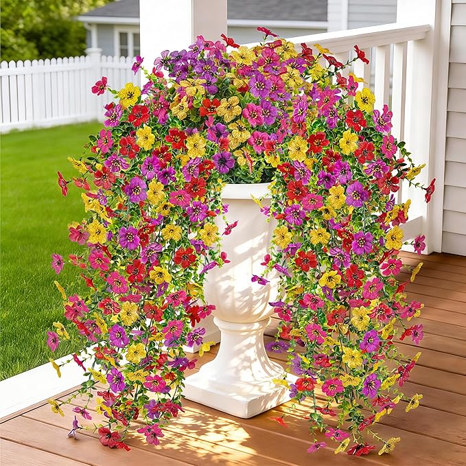 Der Rose UV Resistant Artificial Hanging Flowers for Outdoors, 4Pcs Silk Fake Dasiy Faux Hanging Flowers for Outdoor Planter Porch Balcony Yard Decor