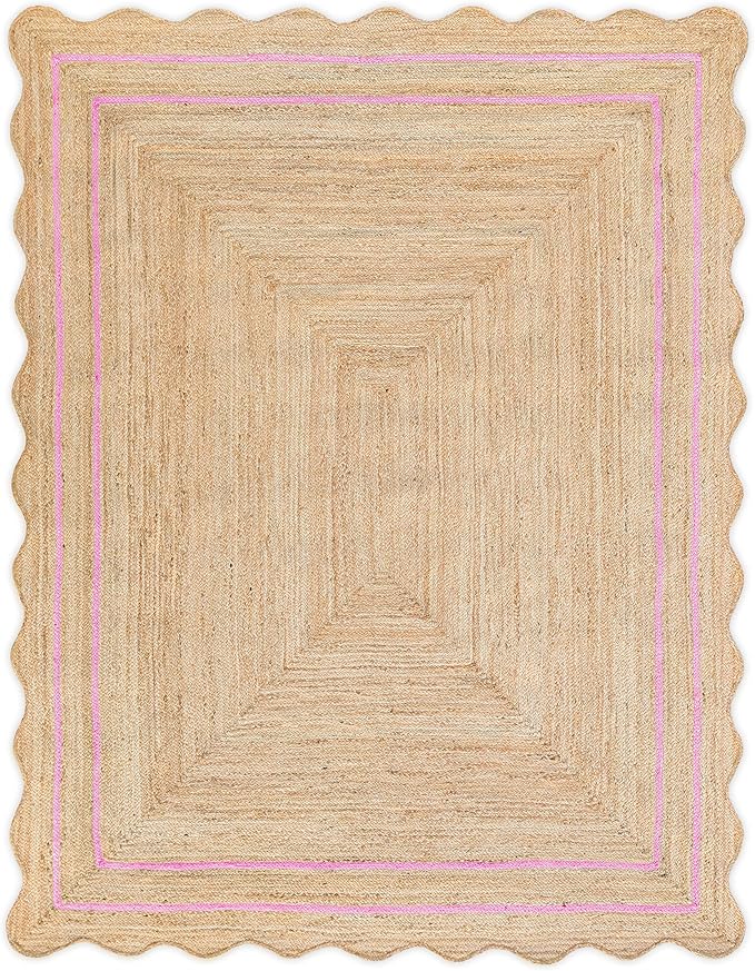 Wave Scalloped Natural Jute Rug - Boho Entryway Runner, Farmhouse Scallop, Light Pink (8'x10')