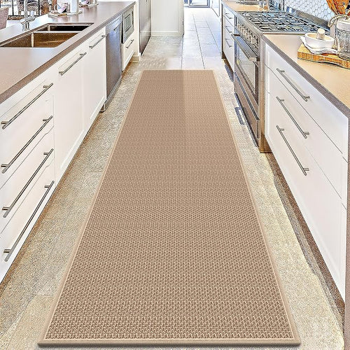 10ft Natural Jute Hallway Runner Rug Non Slip Washable, Rubber Backed Long Khaki Indoor Entryway Runner, Absorbent Kitchen Carpet Sink Rug