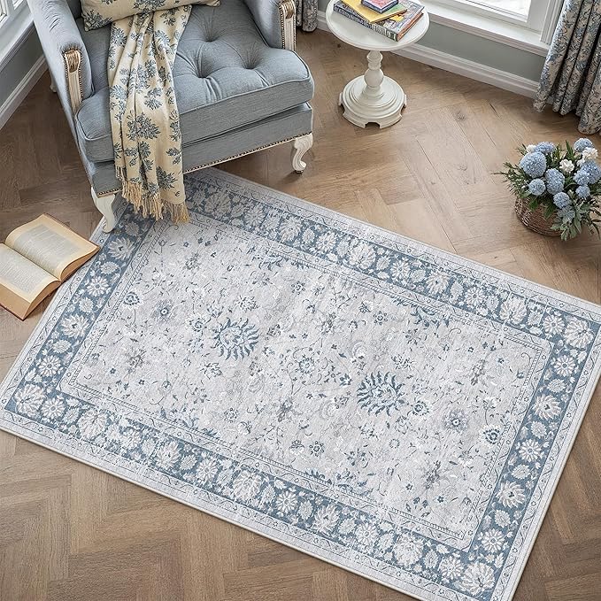 3x5 Area Rug Blue Washable Entryway Vintage Carpet Office Small Non Slip Stain Soft Resistant Low Pile Thin Boho Accent Indoor Throw Rug for Laundry Kitchen Bathroom Entrance Bedroom