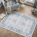3x5 Area Rug Blue Washable Entryway Vintage Carpet Office Small Non Slip Stain Soft Resistant Low Pile Thin Boho Accent Indoor Throw Rug for Laundry Kitchen Bathroom Entrance Bedroom