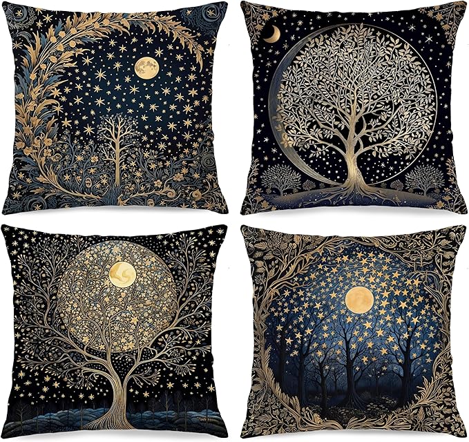Vintage Dark William Morris Moon Night Forest Decor Pillow Covers 18x18 Set of 4,Black Forest Decor,Dark Dcademia Floral Decorative Throw Pillow Covers for Home Bedroom Living Room