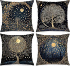 Vintage Dark William Morris Moon Night Forest Decor Pillow Covers 18x18 Set of 4,Black Forest Decor,Dark Dcademia Floral Decorative Throw Pillow Covers for Home Bedroom Living Room