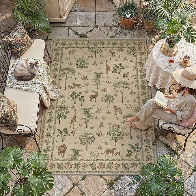 5x7 Easy Jute Outdoor Patio Rug Washable Brown Printed Large Area Rug for Living Room Lightweight Non Slip No Sheding Carpet Balcony Farmhouse Bedroom Backyard Dining Room Deck