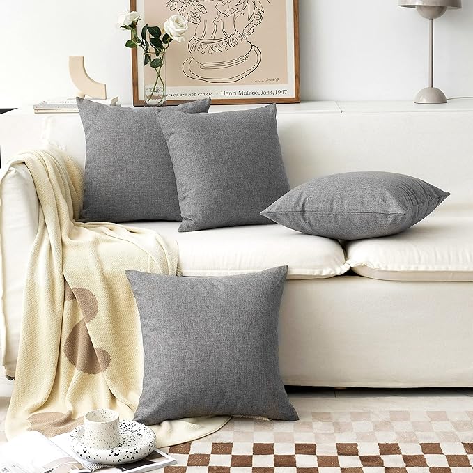 Home Brilliant Couch Pillow Covers Linen Square Throw Pillow Cases Cushion Covers for Bed, 18 x 18, Dark Grey, 4 Pack