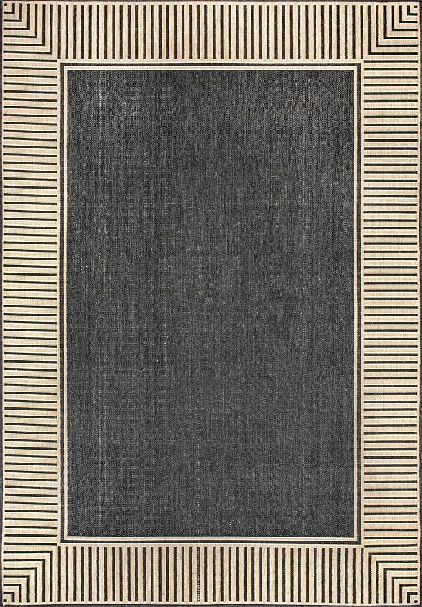 Nuloom Asha Dark Grey/Ivory, 9'6" x 12', Casual, Striped Border, Soft and Cozy, High Traffic, Stain Resistant, Easy Clean, Durable Area Rug for Indoor/Outdoor Patio, Deck, Porch, Garden, Courtyard