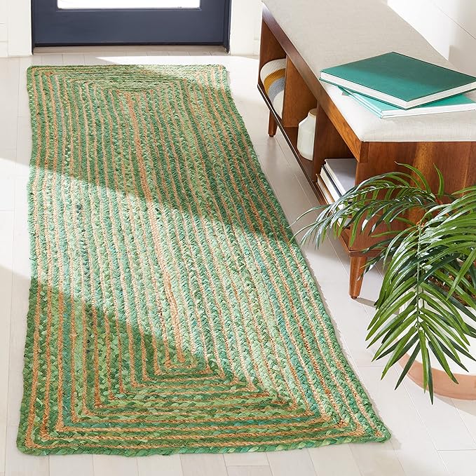 SAFAVIEH Cape Cod Collection Runner Rug - 2'3" x 7', Green & Natural Brown, Handmade Jute & Cotton, Woven Braided Design (CAP202Y)